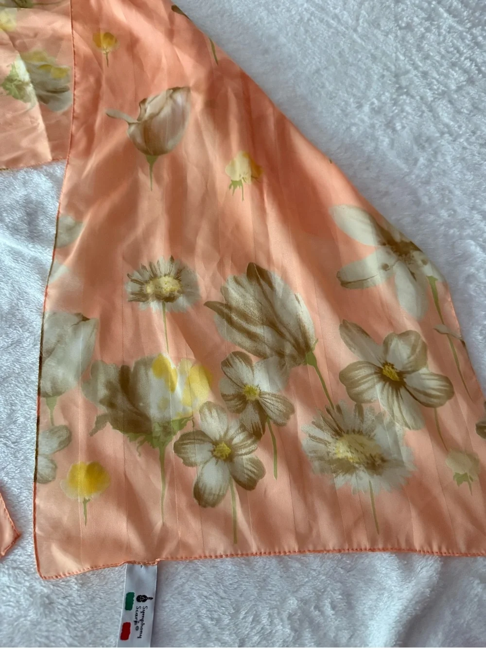 Vintage Symphony Peach Watercolor White & Yellow Flowers Chiffon Scarf Italy